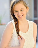 Dress clad teen shows big tits outdoors with naked pussy upskirt