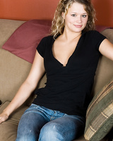 Curvy blonde teenager Heather Starlet posing topless in denim jeans