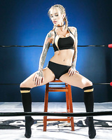 Tattooed MILF Sarah Jessie removing sports bra and panties wearing knee socks