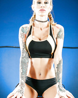 Tatted blonde Sarah Jessie releasing round tits from sports bra