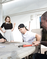 Rude teen Kinsley Eden gets punished by the hired help in group fuck lesson