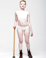 Blonde bombshell Miley Mae in white panties showing sexy pierced tongue