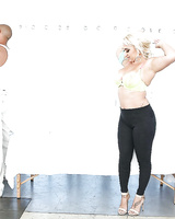 European pornstars Raven Bay and Nina Kayy remove yoga pants during 3some