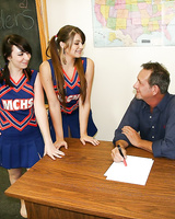 Lecherous cheerleaders have some handjob fun with a thick dick