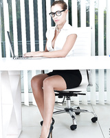 Nerdy secretary Satin Bloom undressing to masturbate with sex toy on desk