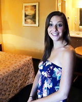 Brunette chick Summer Rae undresses on motel bed before masturbating