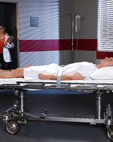 Nerdy doctor Sunny Lane takes cumshot on face from patient in hospital room