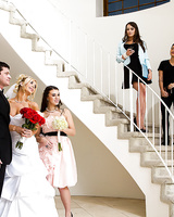 Blonde slut Teal Conrad is having a threesome on her own wedding