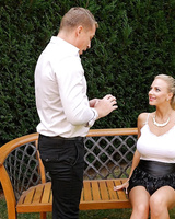 Filthy busty blonde girl gets her horny pussy peed on in the back yard