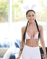 Solo girl Amia Miley doffs white yoga pants while flaunting her big boobs