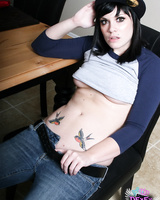 Dark haired teen girl Andy San Dimas exposes her tits for the first time