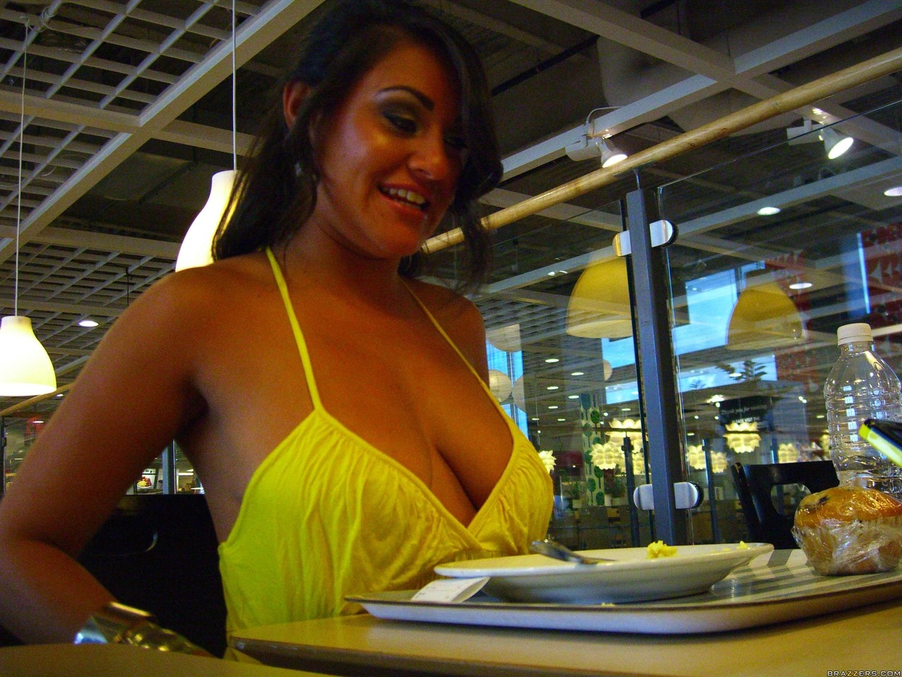 Naughty babe Charley Chase sows her medium tits while in public