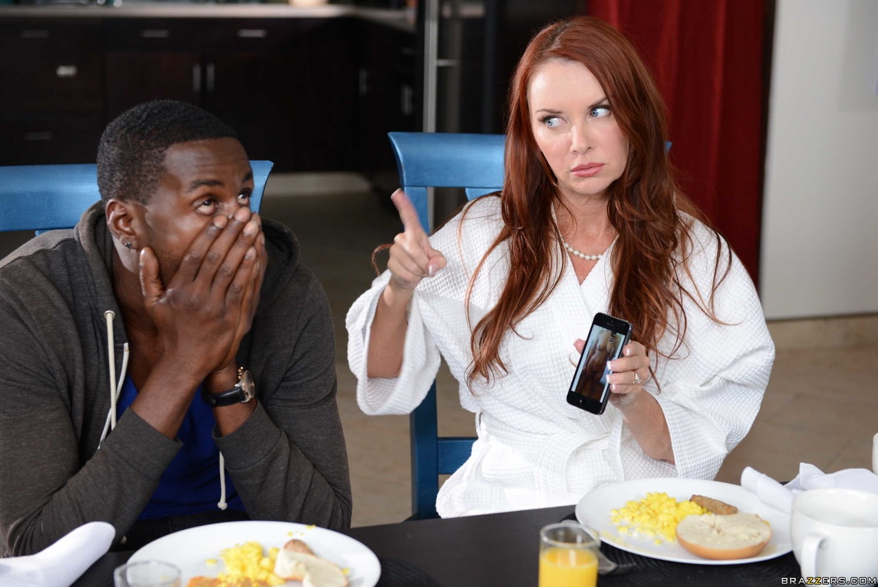 Redheaded wife Janet Mason seduces her black stepson over breakfast