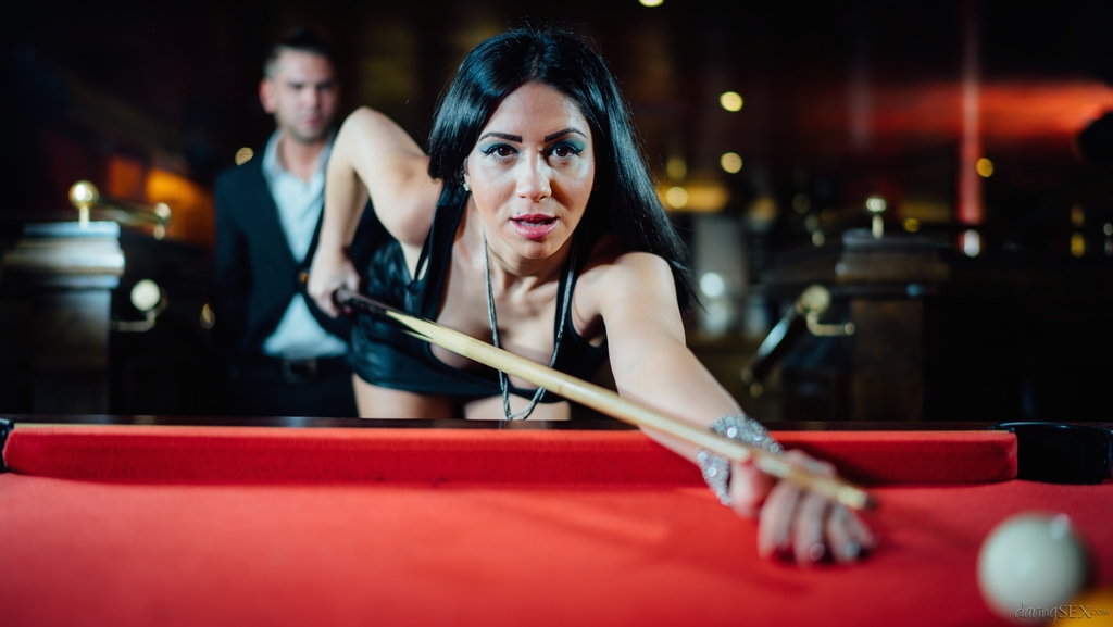 Busty Latina Julia de Lucia loses a games of pool and gives a BJ to the winner