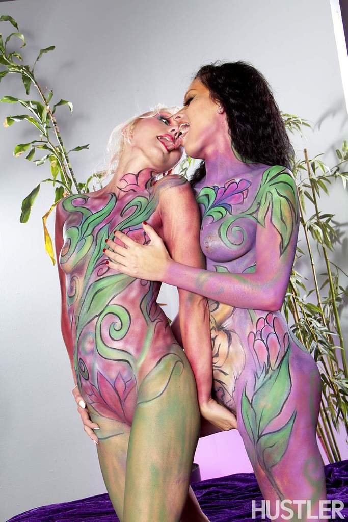 Older ladies Nadia Capri and Natasha Voya get decked in body paint before sex