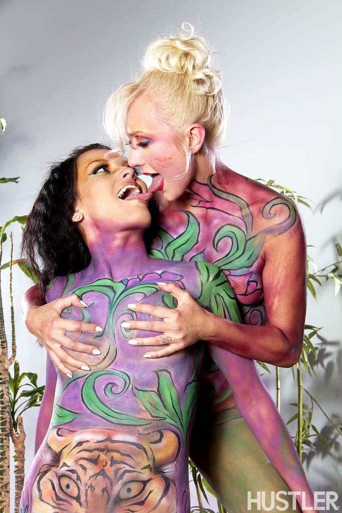 Older ladies Nadia Capri and Natasha Voya get decked in body paint before sex