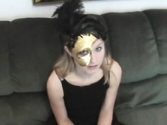 Sexy teen babe in mask seduced for solo fuck show