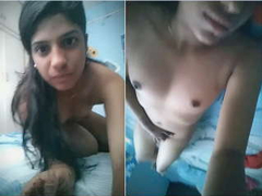 Adorable Desi chick with small tits and a gorgeous face is recording XXX